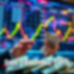 A person analyzing a day trading chart with dollar bills, representing investment growth.