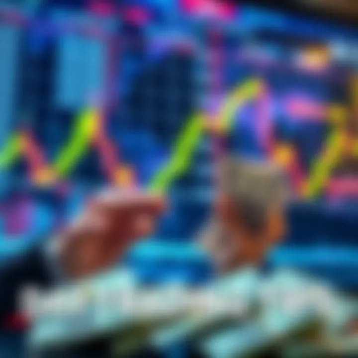 A person analyzing a day trading chart with dollar bills, representing investment growth.