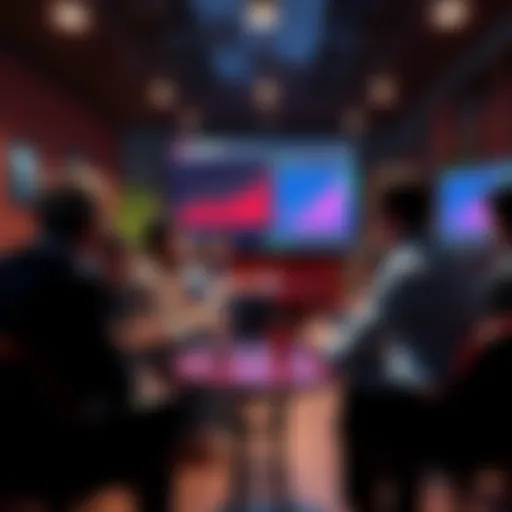 A group of people discussing the future of decentralized finance in a casual setting, with charts and graphs on a screen in the background.