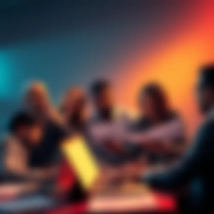 A group of people discussing over laptops and papers about SPV technology, with expressions of concern and curiosity.