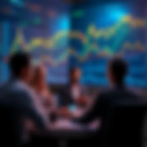 A group of people discussing cryptocurrencies with charts and graphs in the background, showing fluctuating prices
