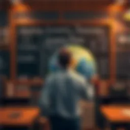 A person stands in front of a chalkboard, illustrating economic theories while a flat earther holds a model of the earth. The scene highlights the clash between modern economics and outdated beliefs.