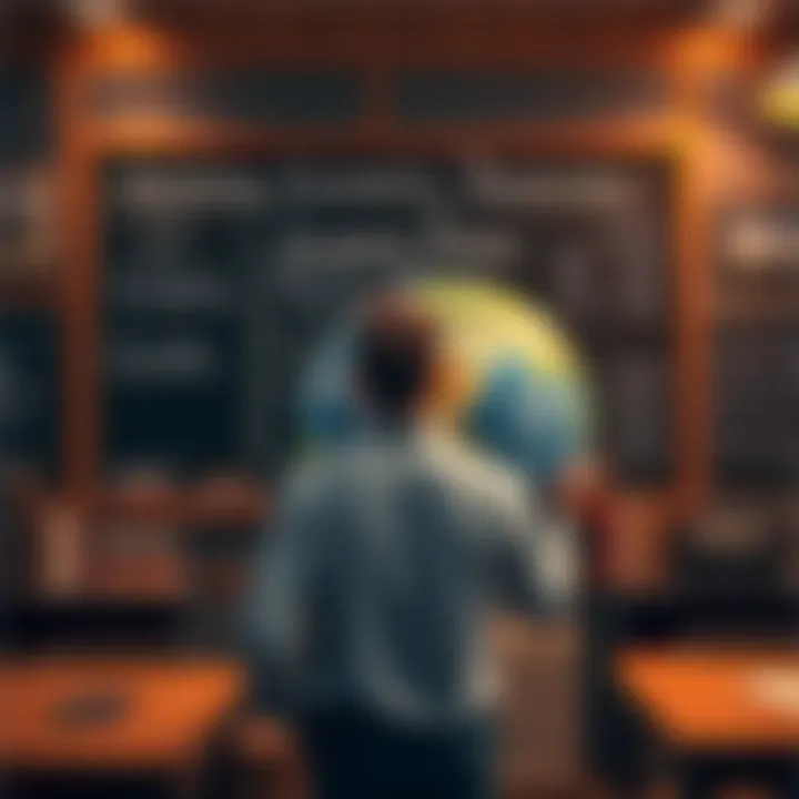 A person stands in front of a chalkboard, illustrating economic theories while a flat earther holds a model of the earth. The scene highlights the clash between modern economics and outdated beliefs.