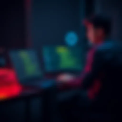 Debian ThinkPad troubleshooting A user sitting at a ThinkPad laptop with error messages displayed on the screen while troubleshooting Node issues on Debian