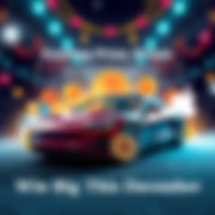 A Tesla Roadster, Bitcoin symbols, and Apple products arranged together with a festive background symbolizing a prize event.