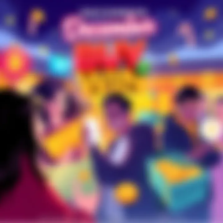 Illustration showing people participating in the Buy-to-Win Challenge, with crypto symbols and reward vouchers displayed, creating a festive feel for the event