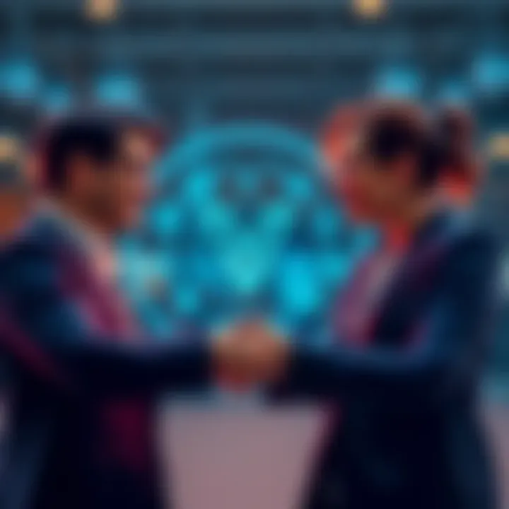 Two business professionals shaking hands with blockchain symbols in the background, representing the collaboration between Decent and VeChain for workplace accountability.