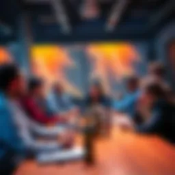 A group of diverse people collaborating around a table, discussing ideas and technology related to decentralization