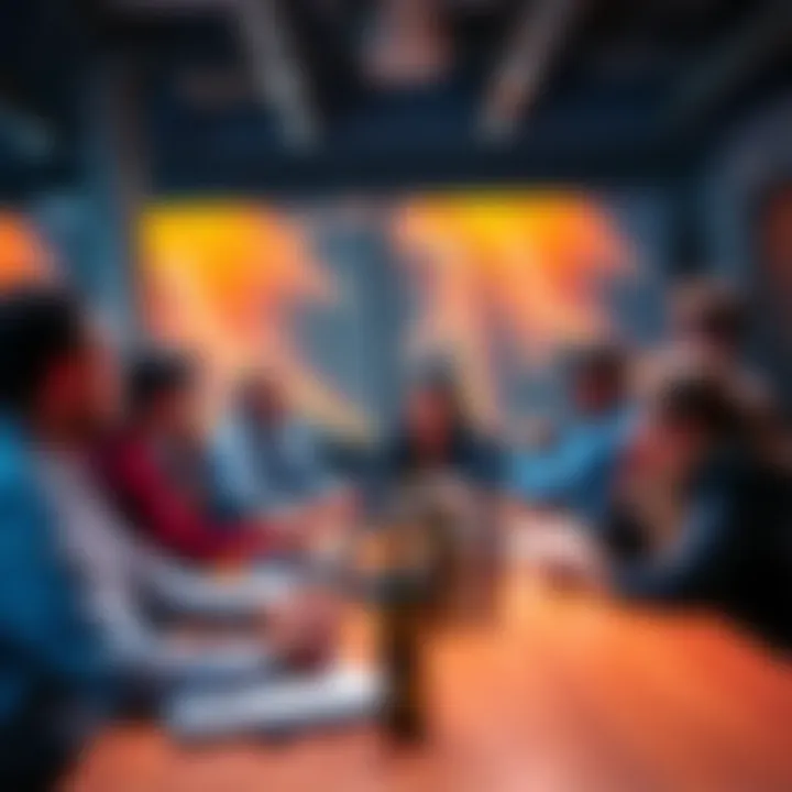 A group of diverse people collaborating around a table, discussing ideas and technology related to decentralization