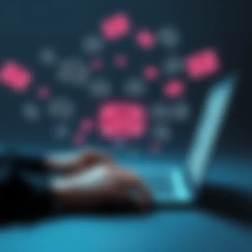 A person using a laptop with email icons floating around, symbolizing decentralized communication and privacy.