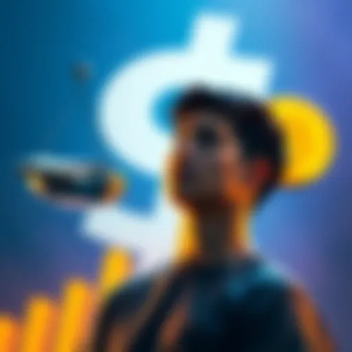 A person weighing options between spending cash and investing in Bitcoin, with a dollar sign and Bitcoin symbol in the background.