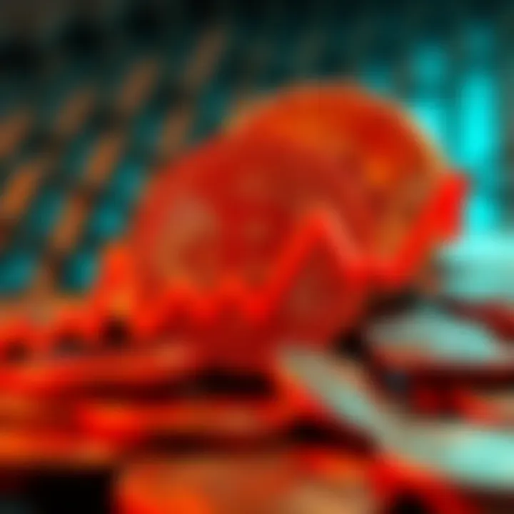 Graph showing a downward trend in Bitcoin's network hashrate with coins in the background