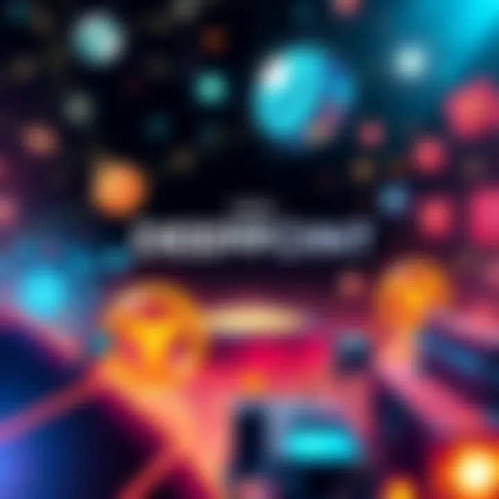 Conceptual illustration of DEEPPOINT media platform focusing on deep tech, crypto, and energy themes, featuring icons for AI, semiconductors, and nuclear fusion.