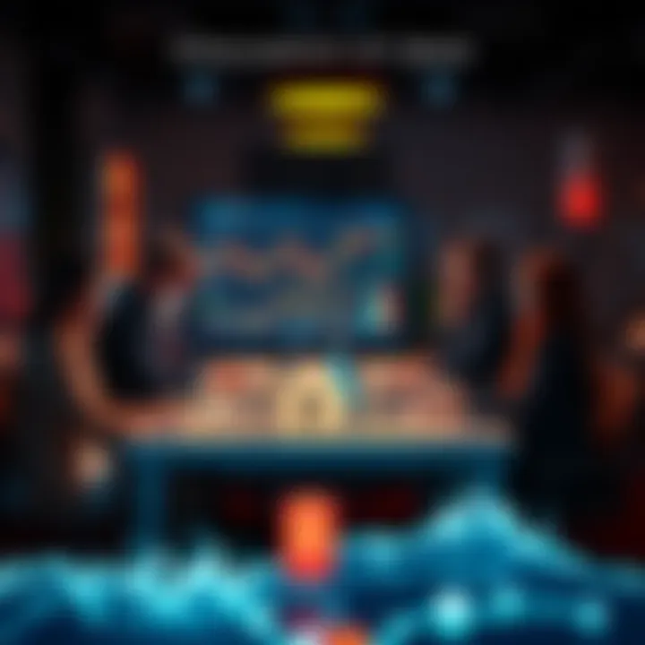 A group of people discussing DeFi concepts around a table with laptops and digital charts