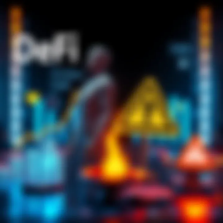 A graphic showing symbols of decentralized finance, with contrasting images of growth and caution signs to represent the balance of yield and risk in 2026.