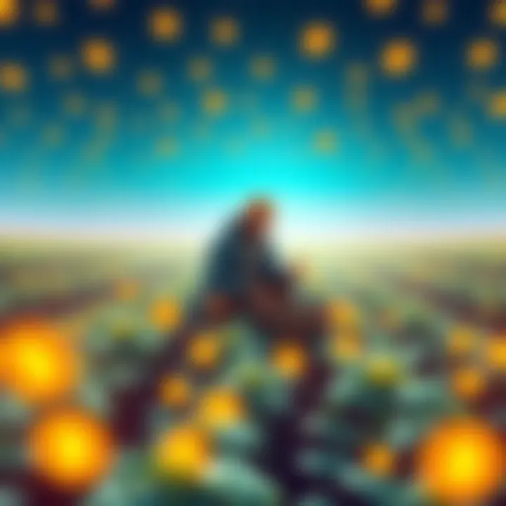 A digital illustration showing a farmer working in a virtual field filled with cryptocurrency symbols, representing DeFi farming and liquidity pools.