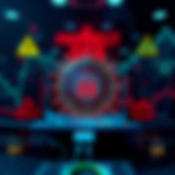 A visual representation of a DeFi protocol being hacked, with warning symbols and financial loss graphs in the background.