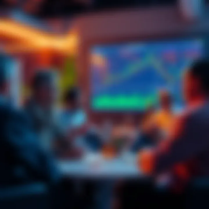 A group of people discussing DeFi protocols in a casual setting, with charts and graphs on a screen showing financial trends.