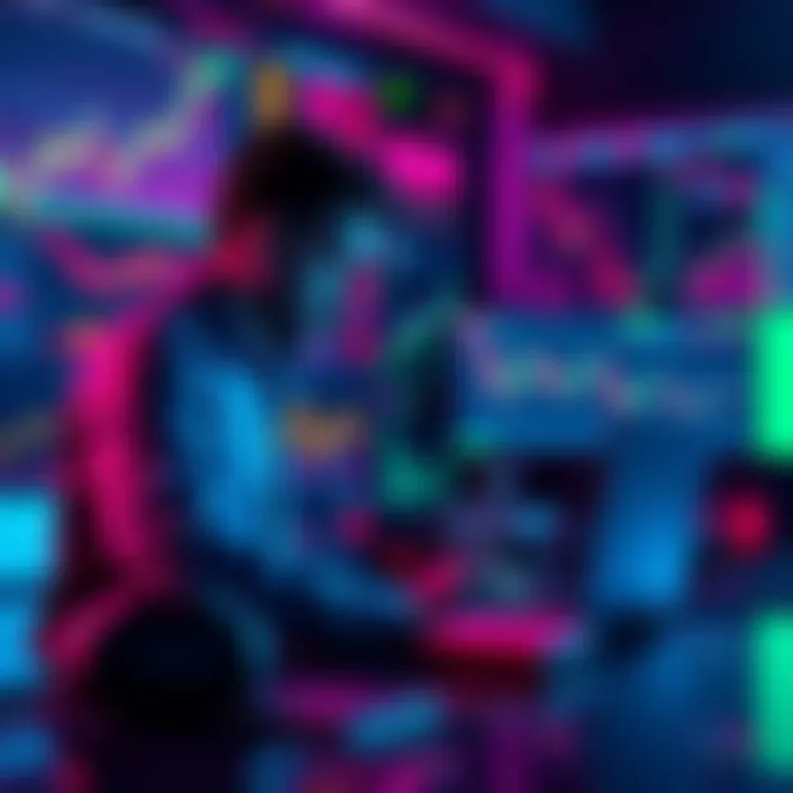 A trader analyzing DeFi platforms on a laptop, surrounded by colorful cryptocurrency graphics and charts