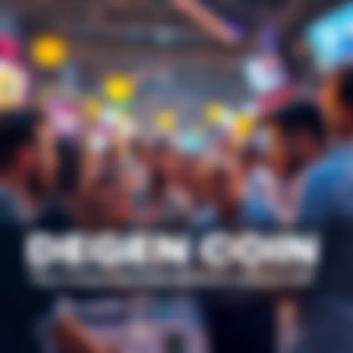 Celebrating Degen Coin Culture People enthusiastically discuss Degen Coin in a vibrant community setting, showcasing crypto culture and excitement.