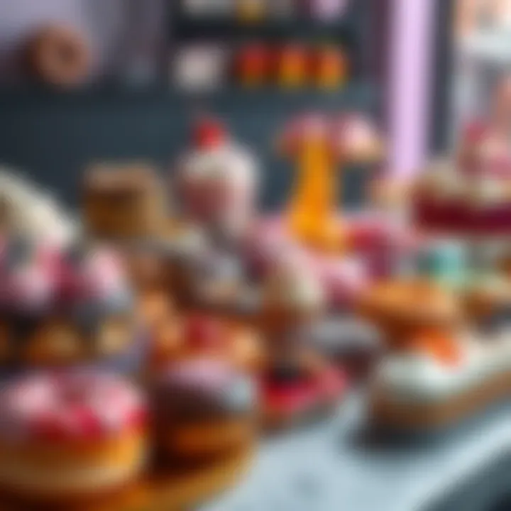 A colorful display of various desserts including donuts, cakes, and pastries on a table