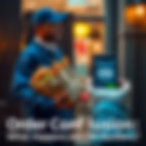 A delivery person stands outside a door, holding a food bag while a customer shows their phone displaying a PIN number for order confirmation.