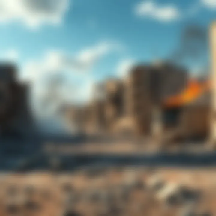 Destruction in a War Zone A devastated city with crumbling buildings and debris scattered on the ground, reflecting the effects of modern warfare.