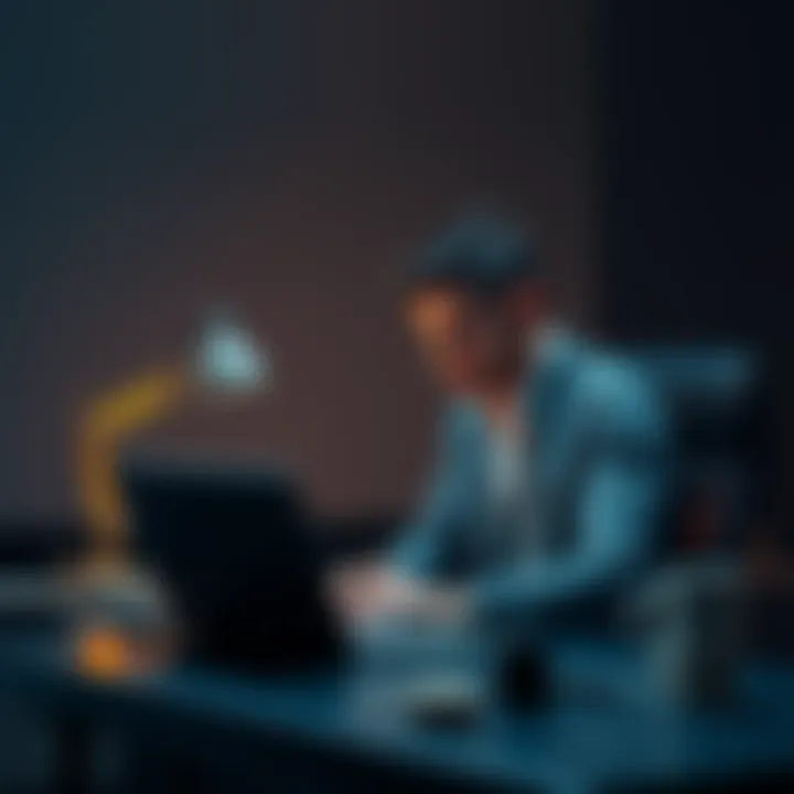 Developer reflecting on crypto app A developer sits at a desk with a laptop, looking concerned as he thinks about the impact of his crypto practice app on his wife's trading habits.