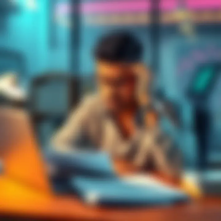 Developer facing financial struggles for legal tech An entrepreneur looking worried while sitting at a desk with legal documents and a laptop, representing challenges in the legal tech industry.