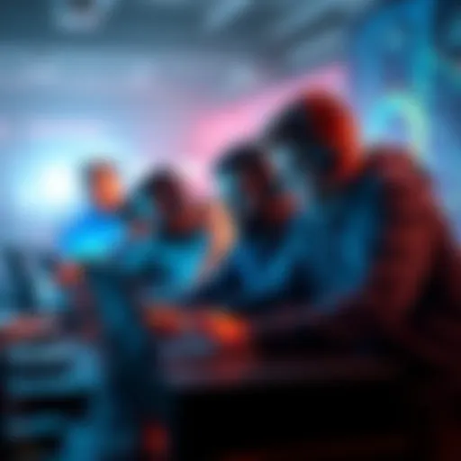 A group of developers working together on laptops, brainstorming ideas and coding, showcasing innovation in technology.