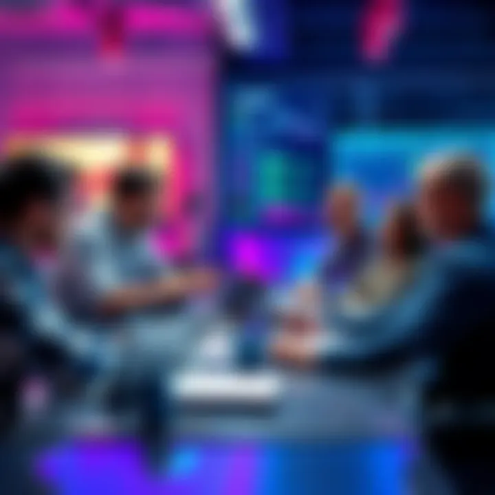 A group of developers engaged in a discussion about community bounties in a casual setting, with laptops and notes around them.