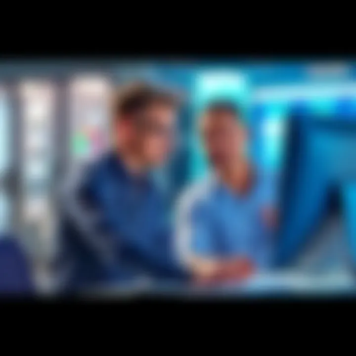 Two developers discussing a project while looking at a computer screen, representing collaboration in software development