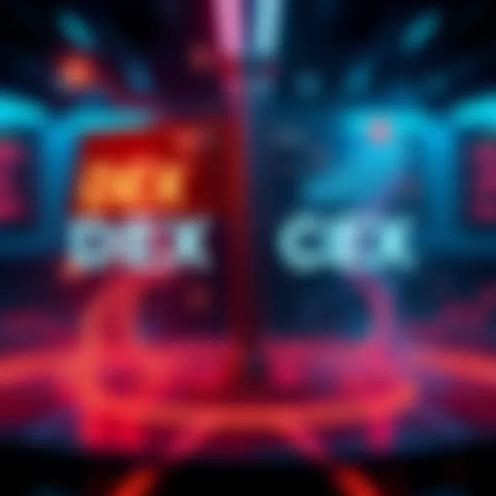 A side-by-side comparison of decentralized exchanges and centralized exchanges with visual elements representing speed, privacy, and fees.