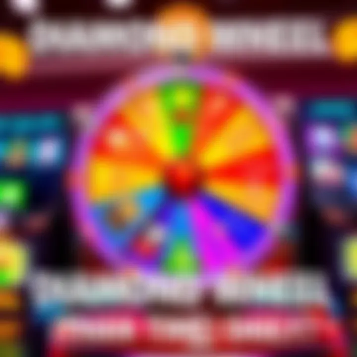A colorful diamond wheel with multiple sections ready for spinning, showing various prizes and rewards, set against a bright background.