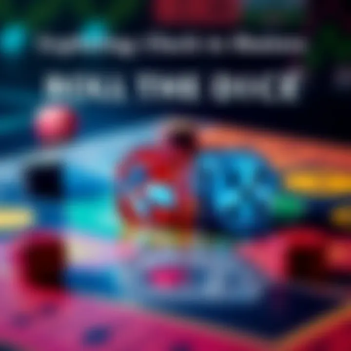 Two colorful dice resting on a game board with various strategic moves indicated around them