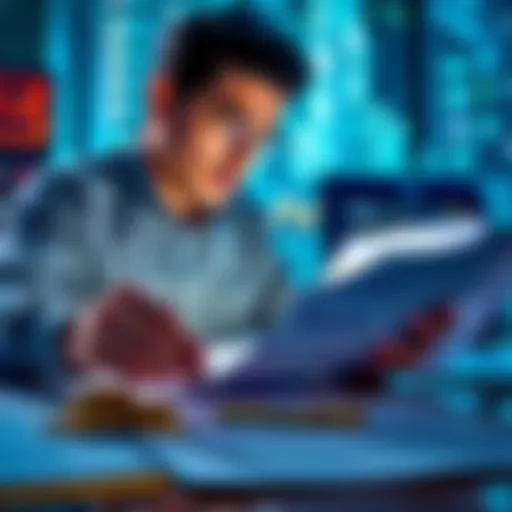 A person analyzing digital item purchases with cryptocurrency and tax documents.