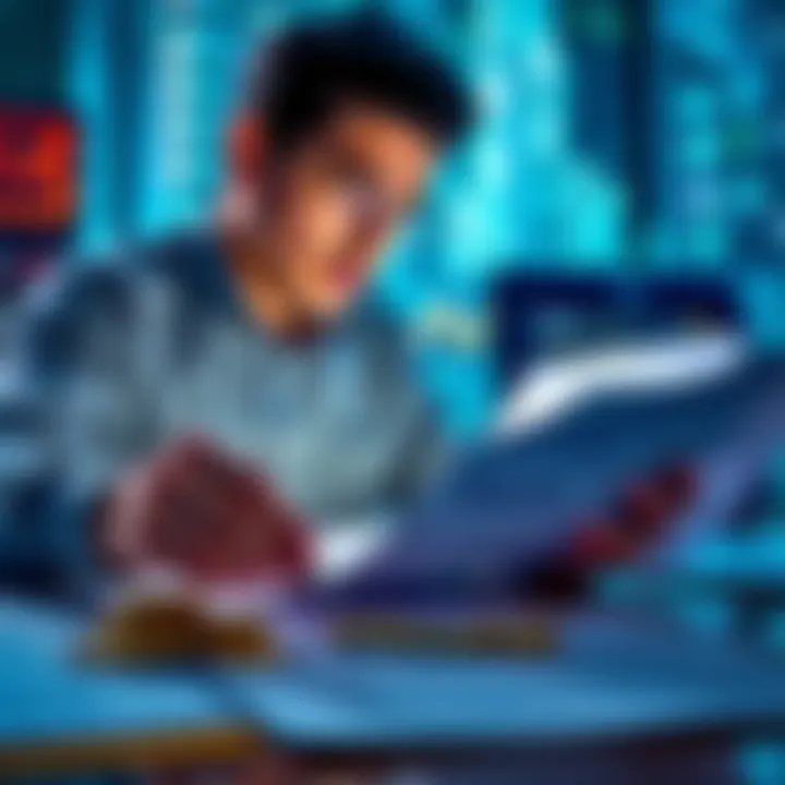 A person analyzing digital item purchases with cryptocurrency and tax documents.