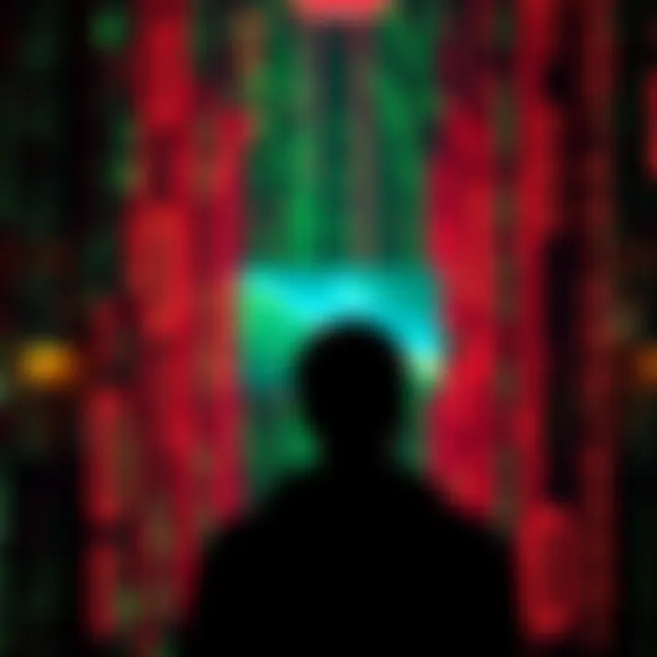 A person looking at a glowing screen with binary code surrounding them, symbolizing a simulated reality.