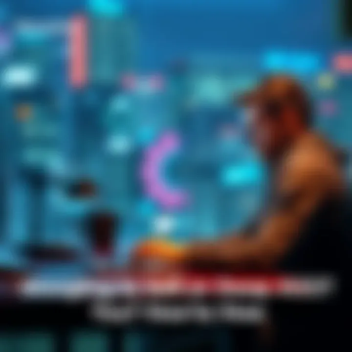 A person sitting at a desk, using a laptop to sell or swap digital assets, looking focused and determined.