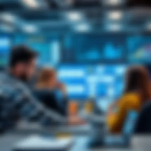 A team collaborating on a digital asset management system with screens showing organized digital files and workflow diagrams.