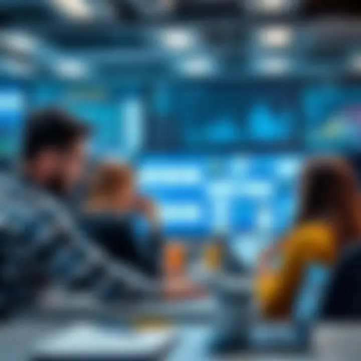 A team collaborating on a digital asset management system with screens showing organized digital files and workflow diagrams.