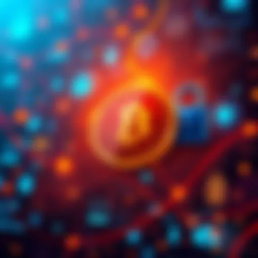 A visual representation of digital banking with blockchain symbols representing DOT, ETH, and LINK, surrounded by secure data icons and a map of Europe.