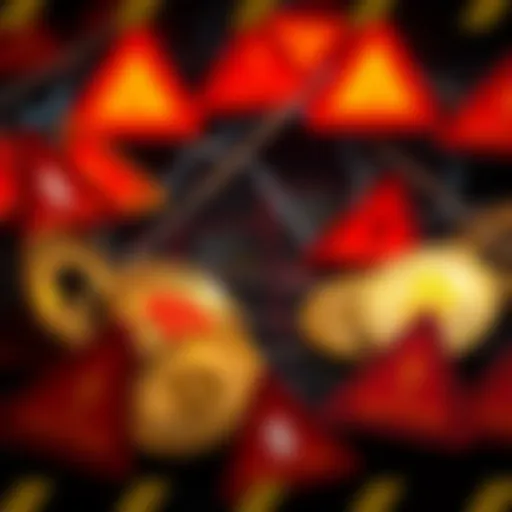 A graphic depicting digital currency symbols surrounded by caution signs, illustrating its connection to illegal activities and payment issues.