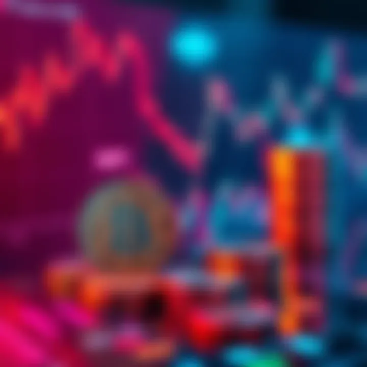 A graphic representing decentralized finance with coins and charts highlighting fluctuations in value and risks