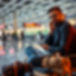 A digital nomad sitting at a laptop while holding a hardware wallet in an airport setting, surrounded by travel gear.