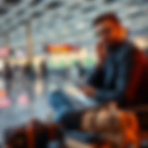 A digital nomad sitting at a laptop while holding a hardware wallet in an airport setting, surrounded by travel gear.