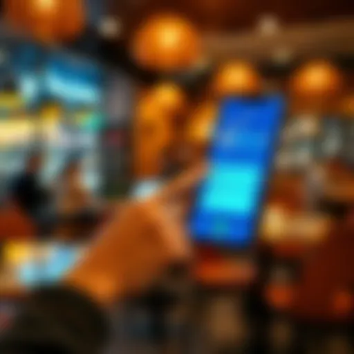 A person using a smartphone to make a payment at a cafe, showing a digital wallet app on the screen