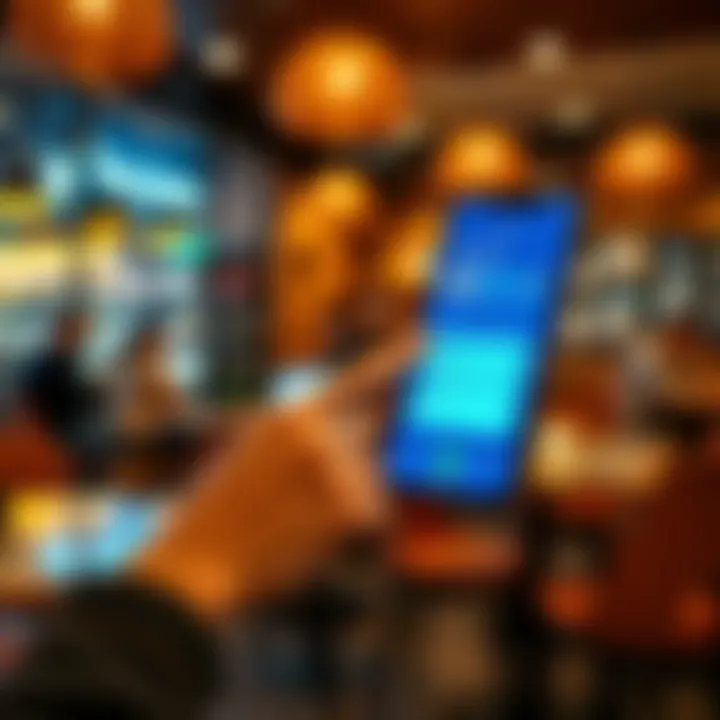 A person using a smartphone to make a payment at a cafe, showing a digital wallet app on the screen