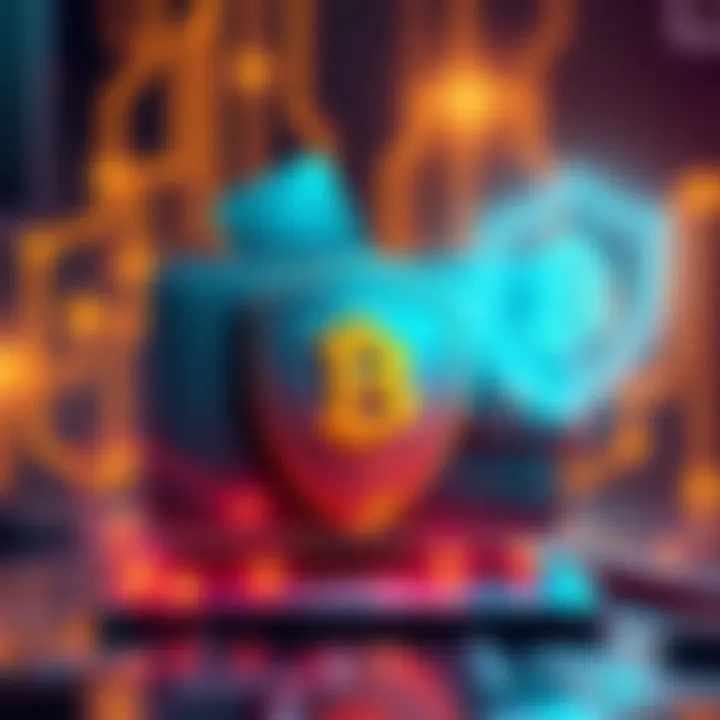 Illustration of a digital wallet with cryptocurrency symbols and a shield representing security