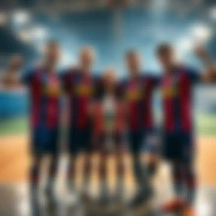 Five soccer players from Dinamo Zagreb celebrating in a gym after a winning match in the Arena, holding a trophy and smiling